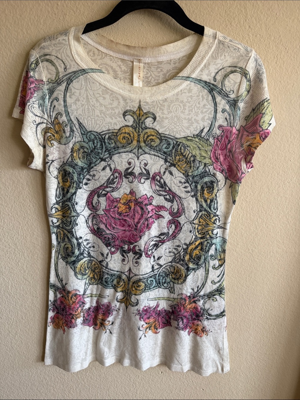 S-Twelve White Scoop Neck Tee with Pink & Gold Floral Scroll